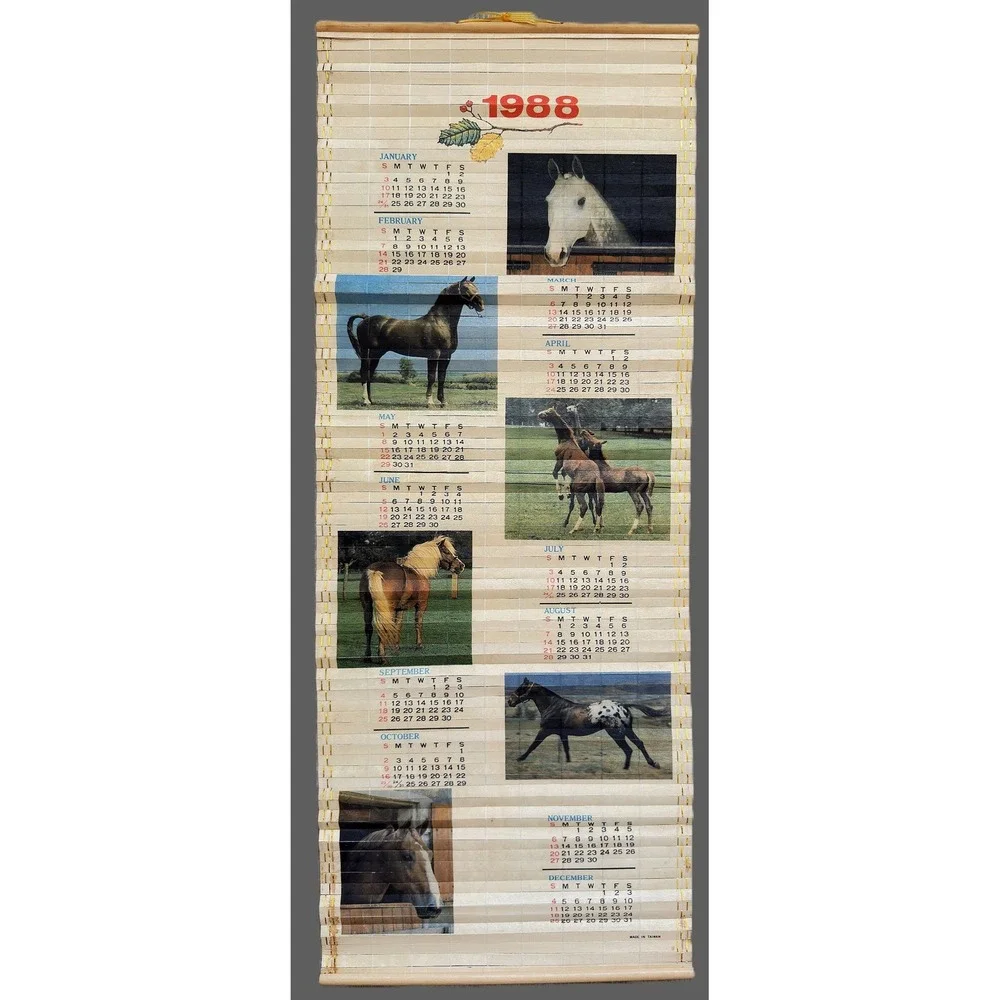 Vintage 1988-1989 Bamboo Slatted Double-Sided HORSE Calendar Roll 31.5